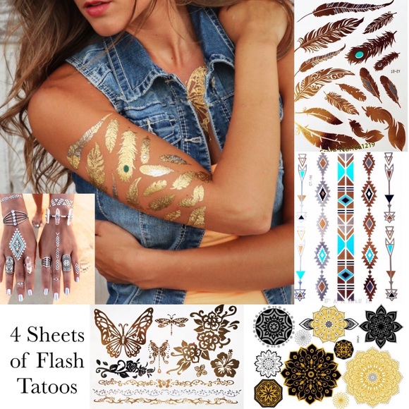 Accessories - 4 Sheets Boho Festival Temporary Metallic Flash Tattoos
